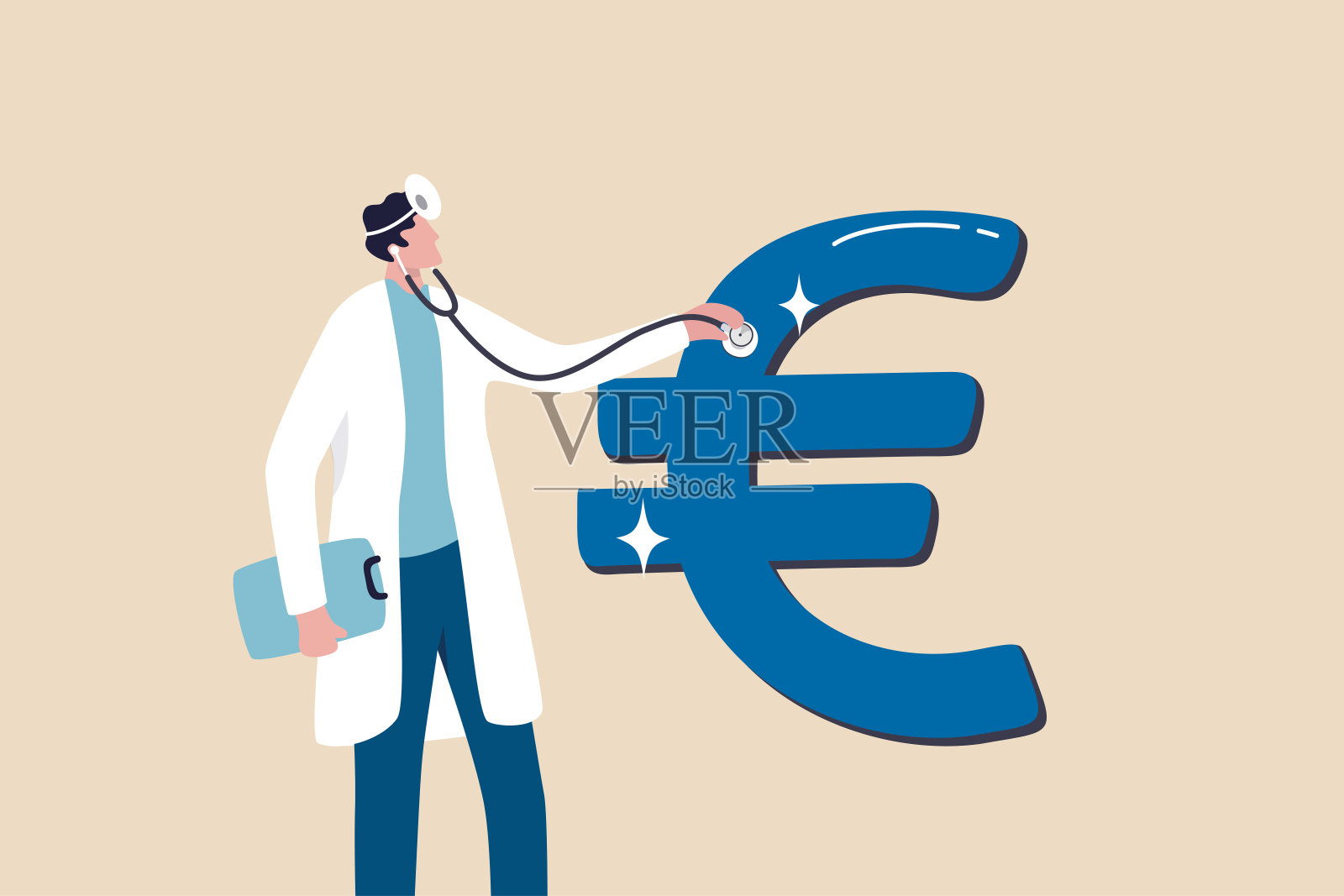 金融分析师检查欧洲经济，债务或货币，投资分析或分析费用和成本概念，聪明的医生用听诊器听和分析欧元货币符号。插画图片素材