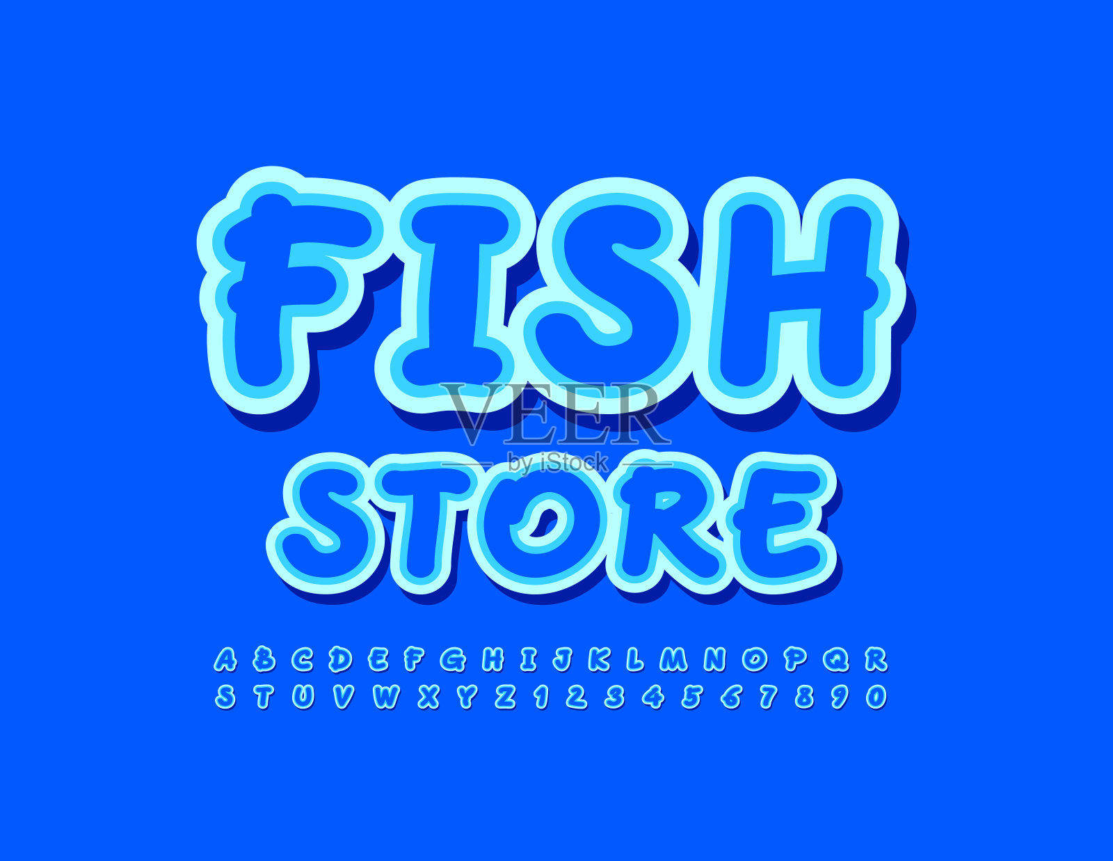 矢量蓝色标志鱼商店与标签字母字母和数字集设计元素图片