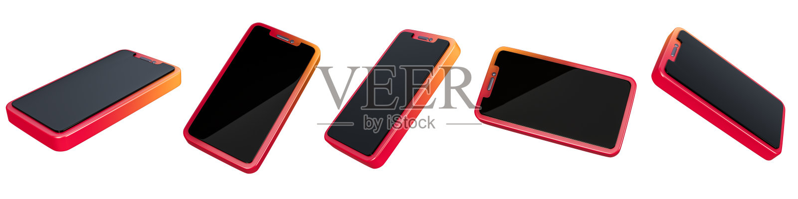 3d手机图标孤立在一个白色的背景设置。5个不同角度的智能手机图标。3 d渲染。照片摄影图片