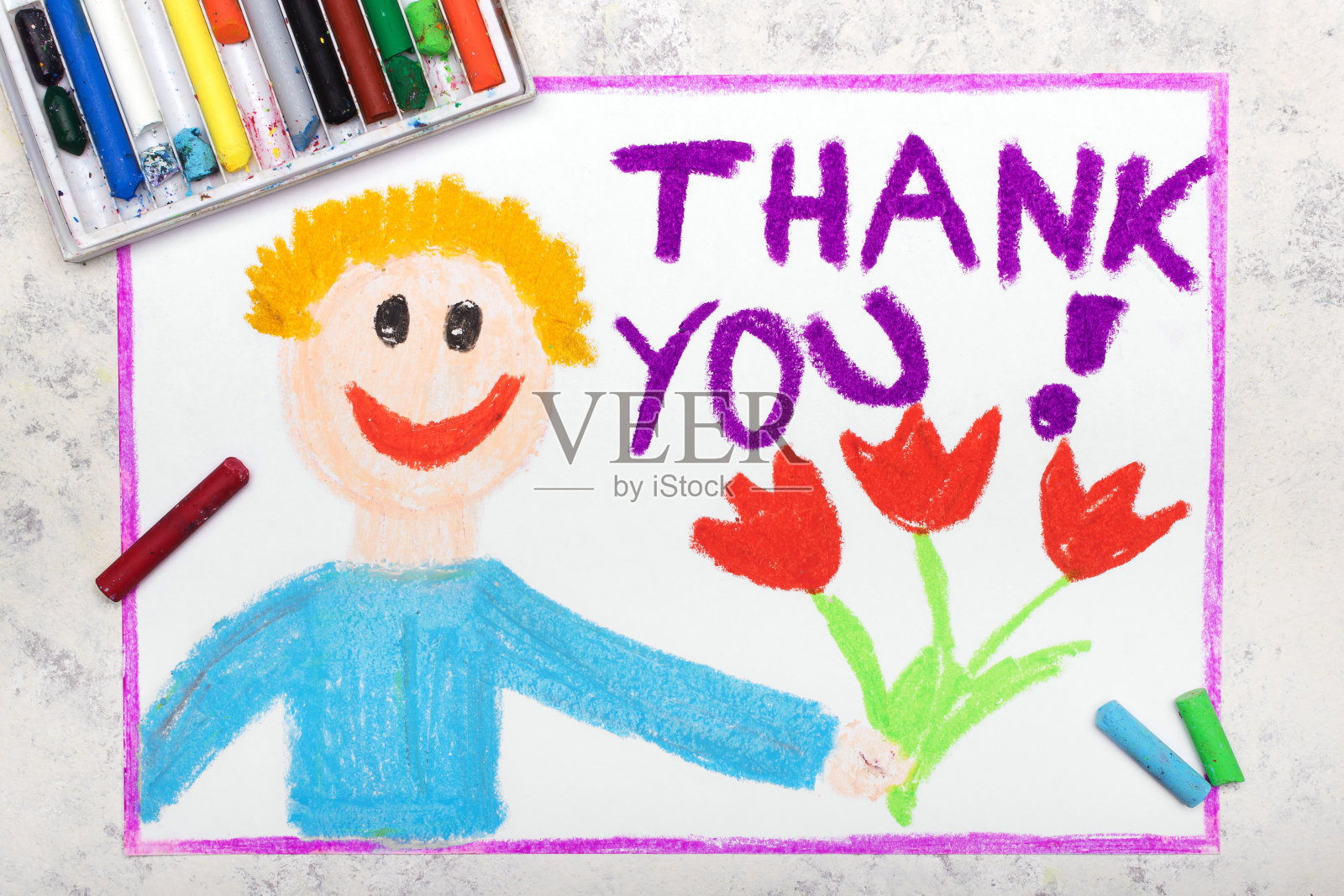 彩绘:幸福的男人捧着一束鲜花。谢谢你照片摄影图片