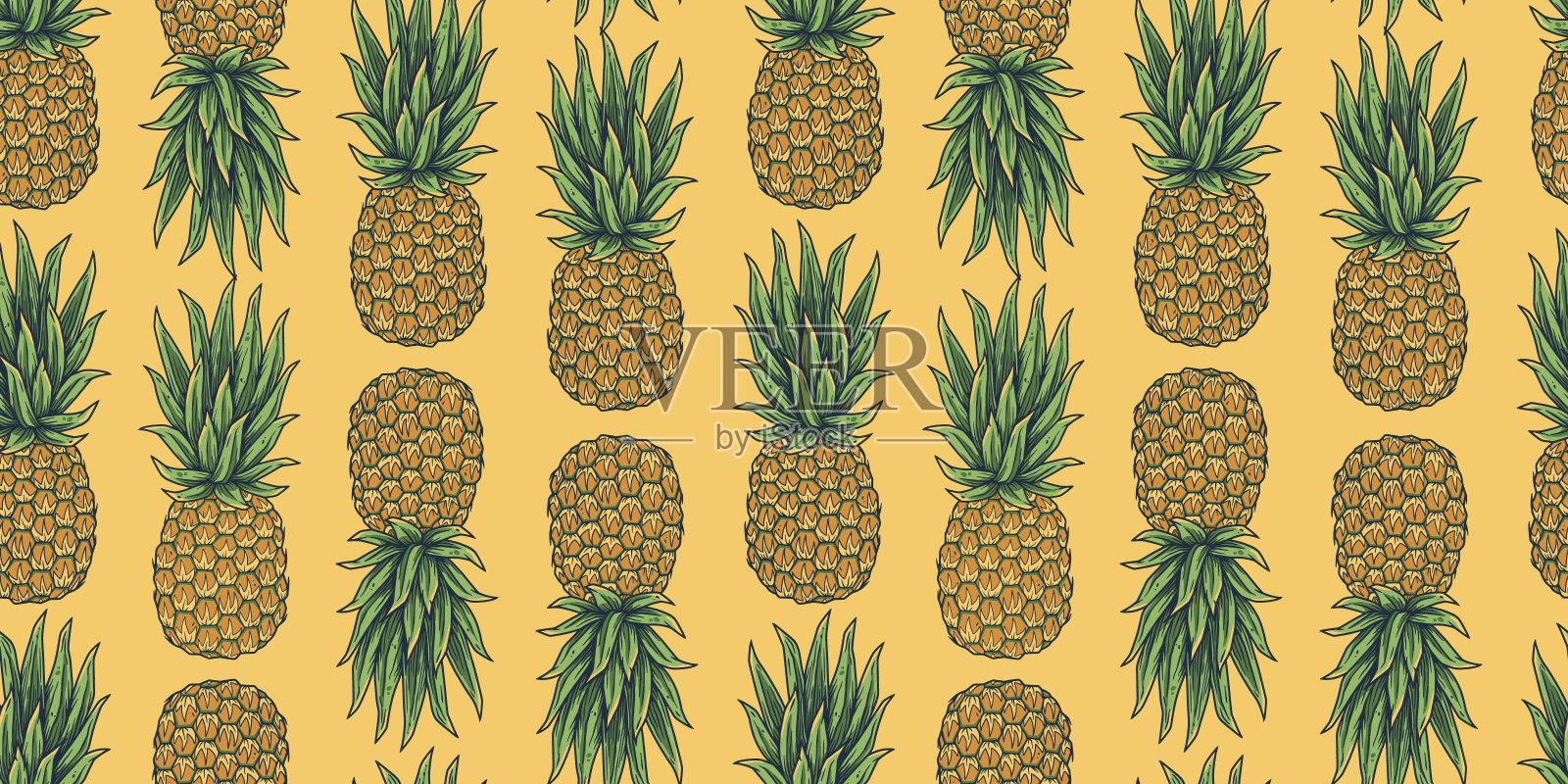 热带水果菠萝。夏季泳滩图案插画图片素材