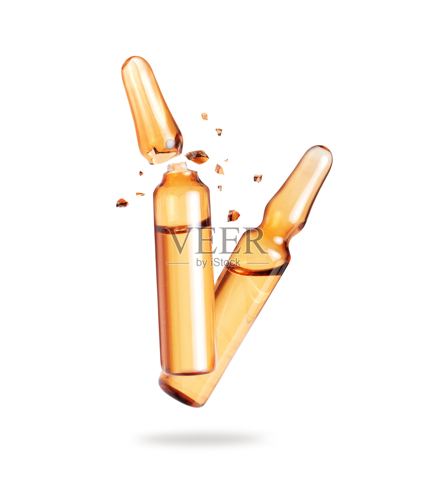 整个和粉碎的医疗安瓿在空气中的特写孤立在白色背景上照片摄影图片