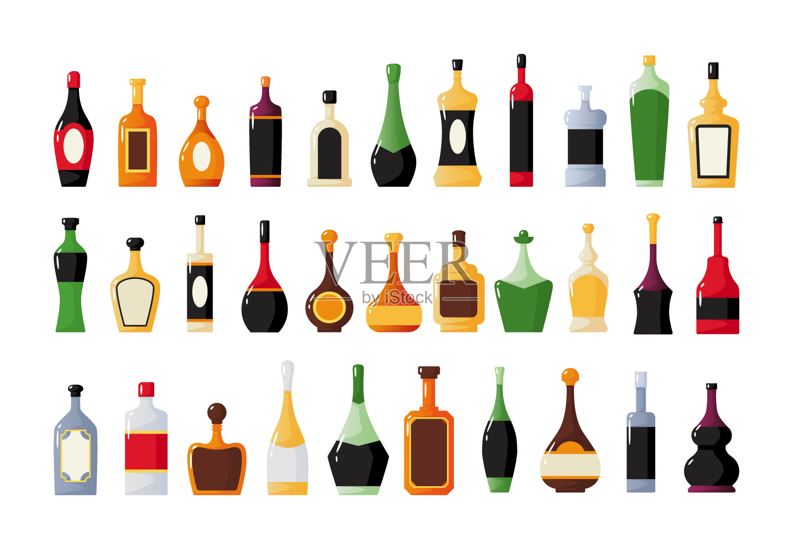 玻璃瓶子。酒精饮料。酒吧集合。白酒和葡萄酒。威士忌或朗姆酒。液体产品包装。玻璃容器。香槟,马提尼。向量饮料套装设计元素图片