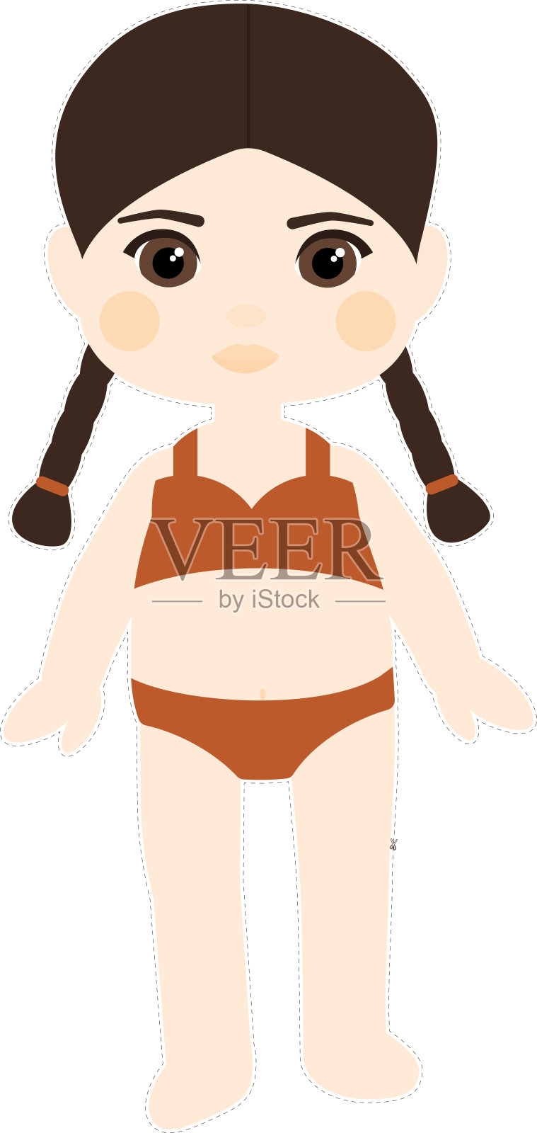 纸娃娃女孩，棕色头发，扎着马尾辫，穿着泳衣插画图片素材