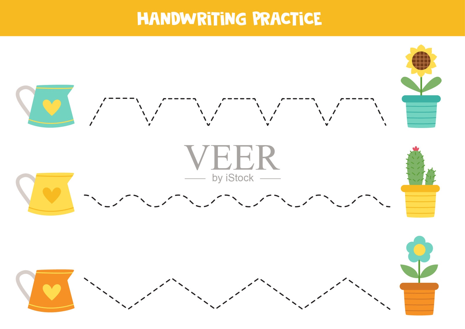 为孩子们画线。五颜六色的喷壶和花盆。写作练习。插画图片素材