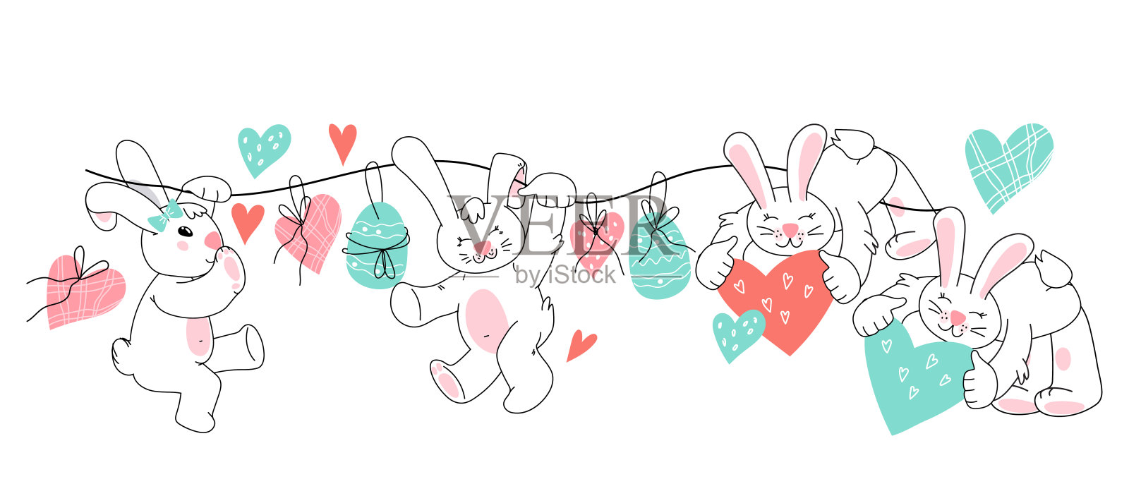 可爱的复活节兔子用旗帜和鸡蛋做节日花环。弹簧设计. .插画图片素材