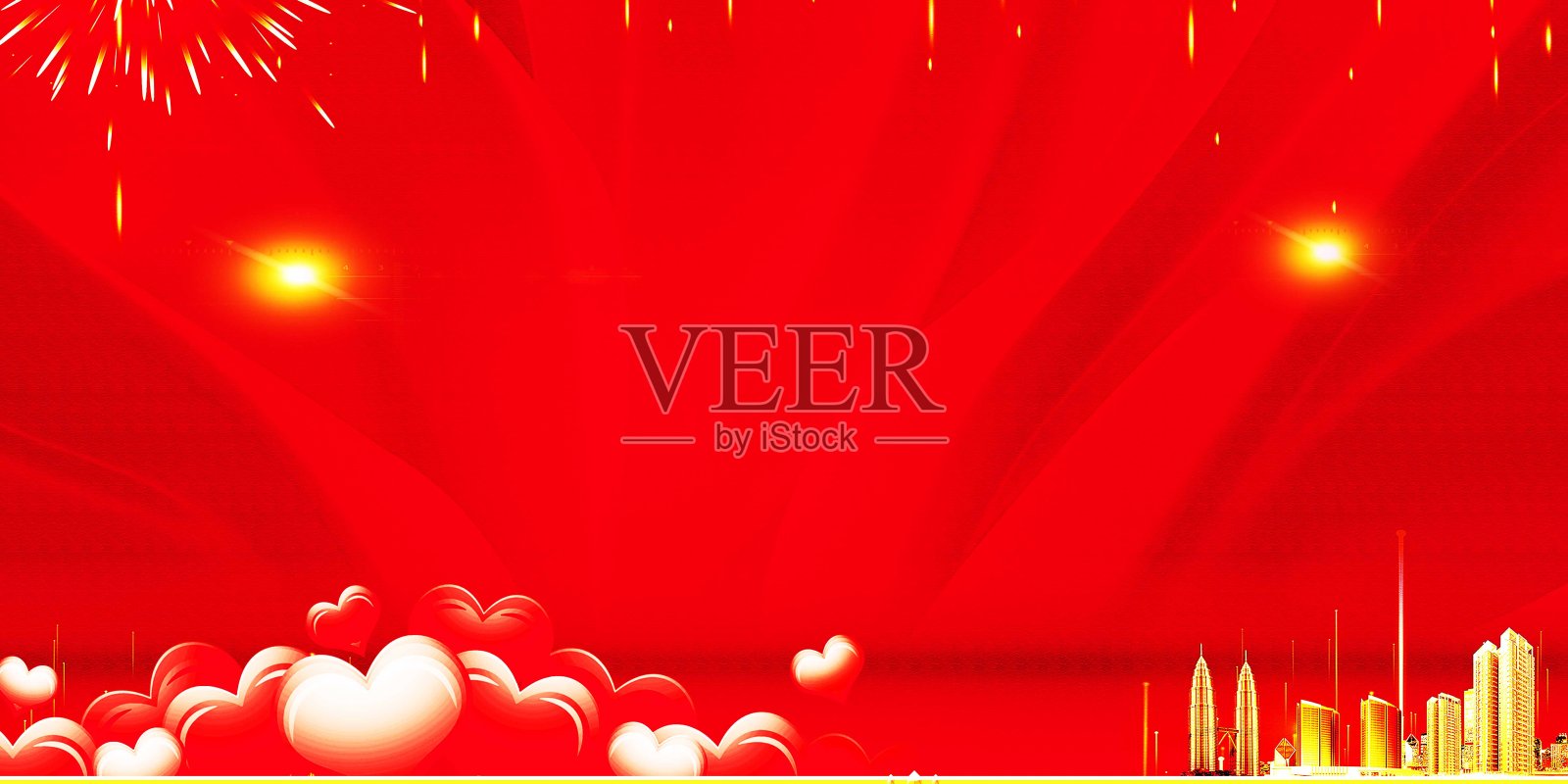 红色爱心光线建筑物剪影背景图插画图片素材