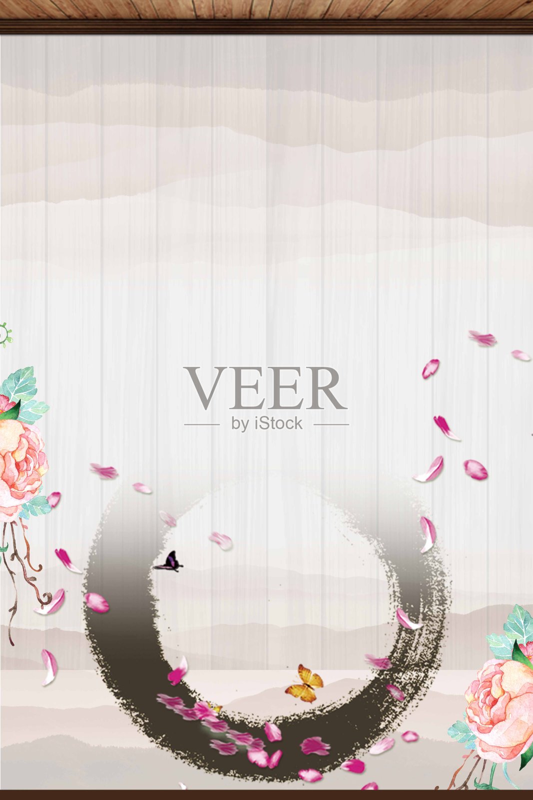 牡丹花水墨笔刷花瓣国风背景图插画图片素材