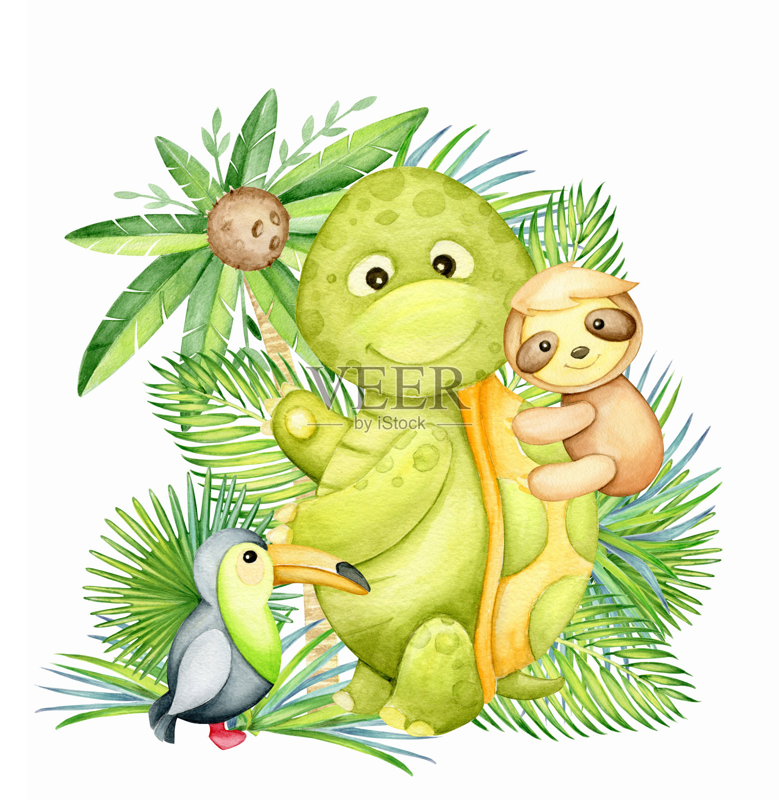 龟，树懒，水彩，巨嘴鸟，棕榈树，树叶。孤立背景上的水彩概念。动物与自然，卡通风格。插画图片素材