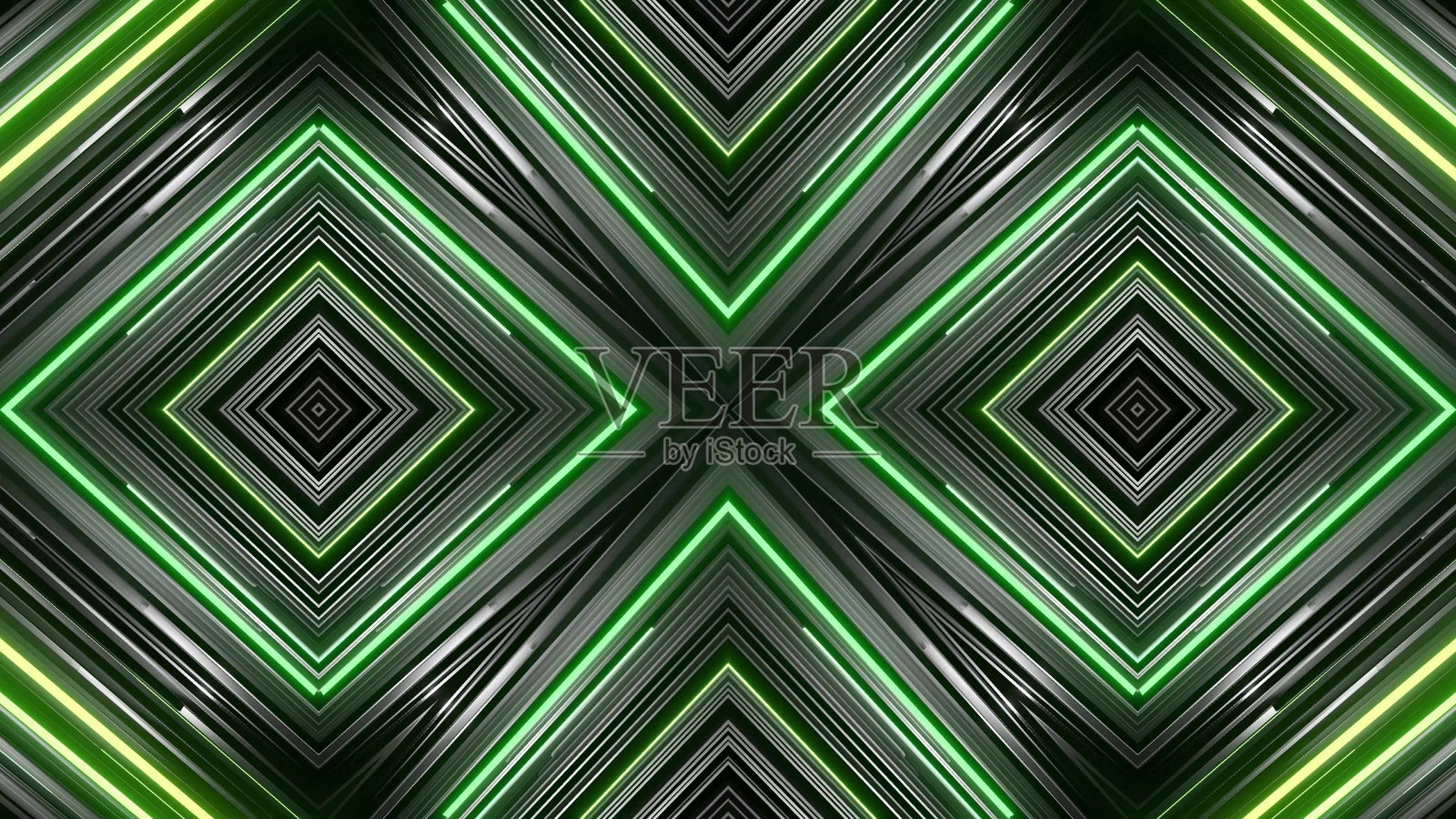 几何抽象背景。摘要对称构图，绿灰立体元素。三维渲染抽象万花筒与三维简单的对象。运动的设计风格照片摄影图片