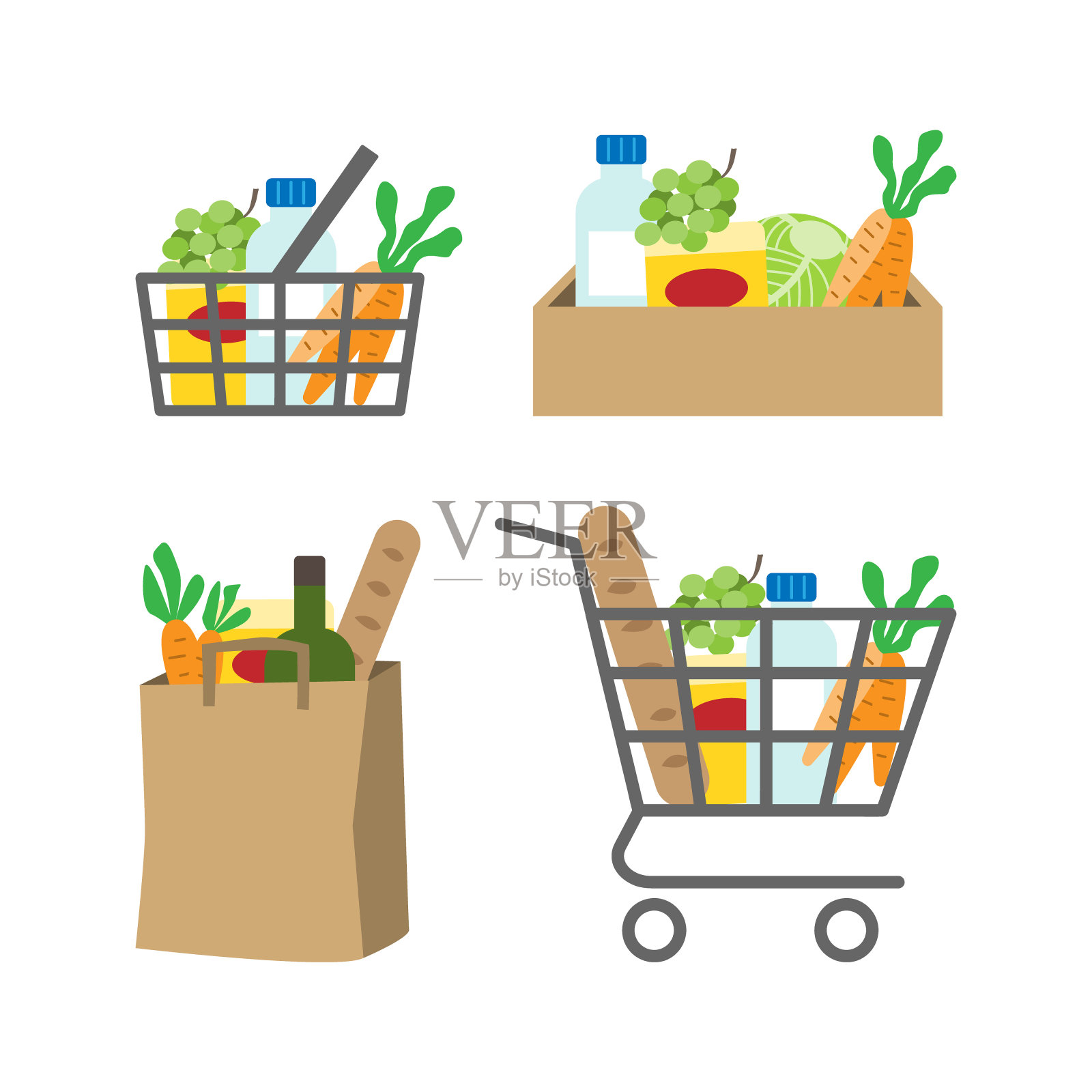 杂货店。食品购买在购物车，篮子，盒子和纸袋。插画图片素材