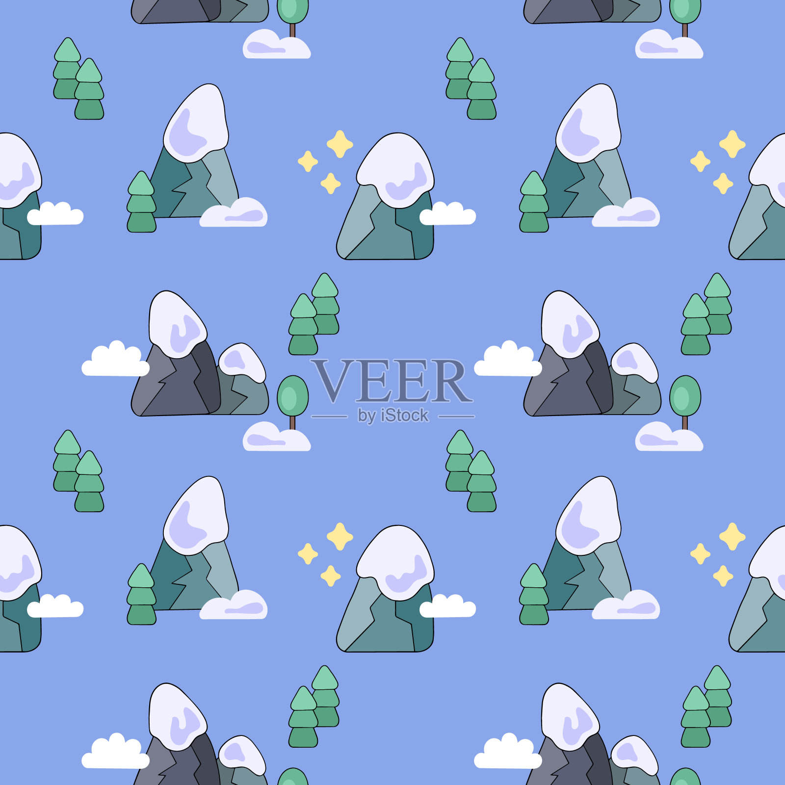可爱的儿童矢量无缝图案与山脉和森林的图像插画图片素材