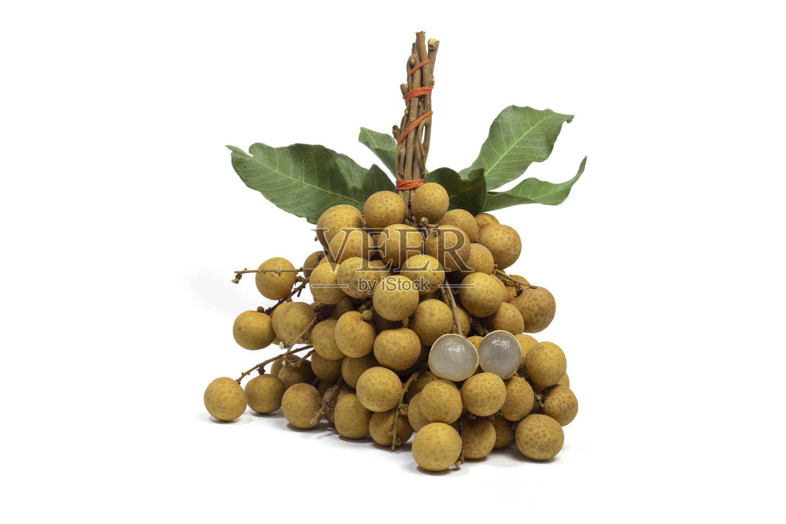 一束龙眼和桂皮与叶子孤立在白色背景。照片摄影图片