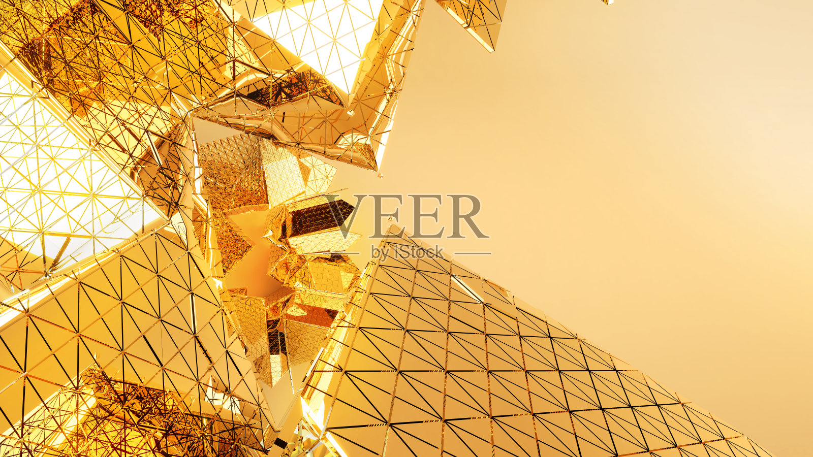 抽象黄金三角结构，在黄金背景上的三角形图案，三维渲染照片摄影图片