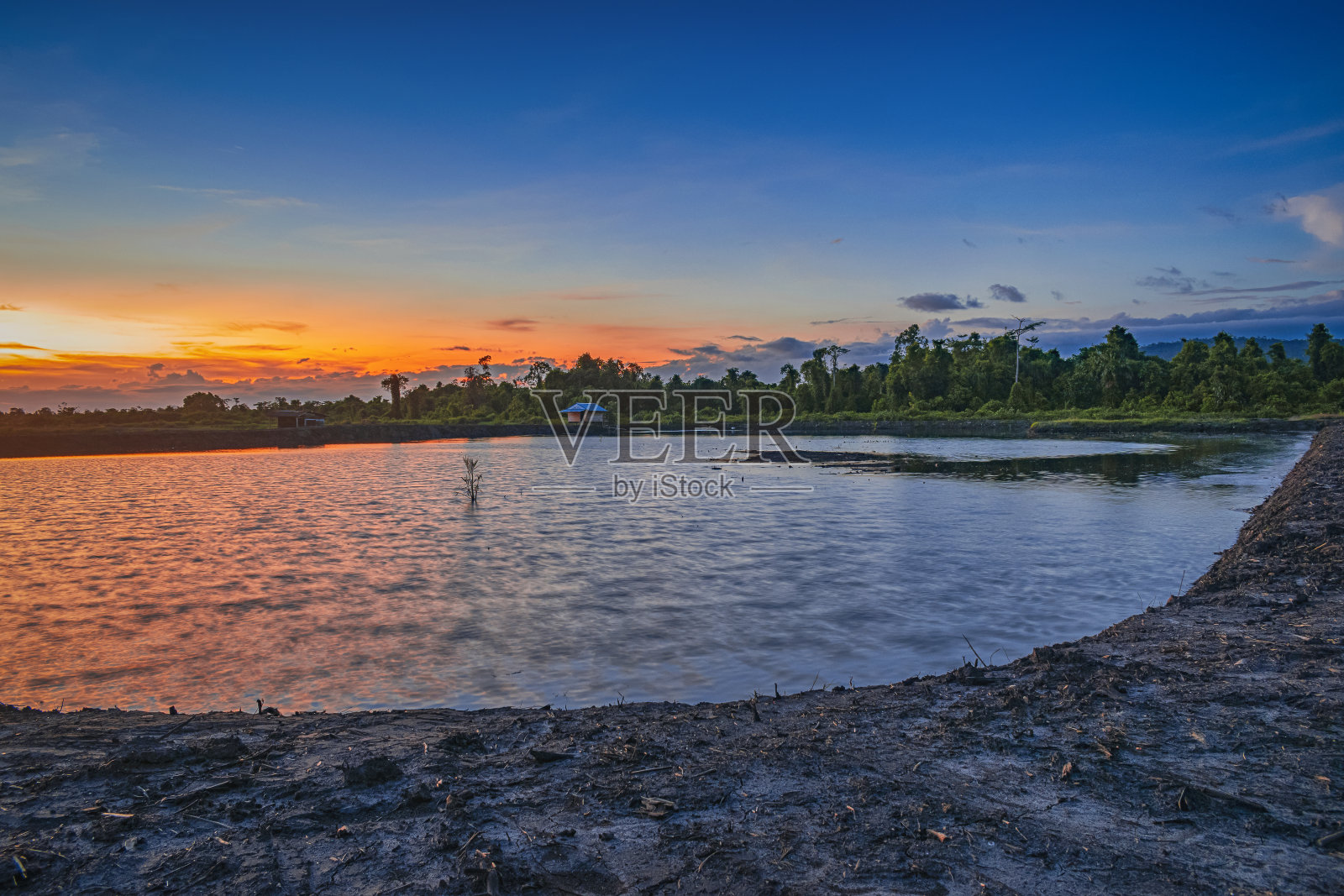 日落时分的鱼塘照片摄影图片