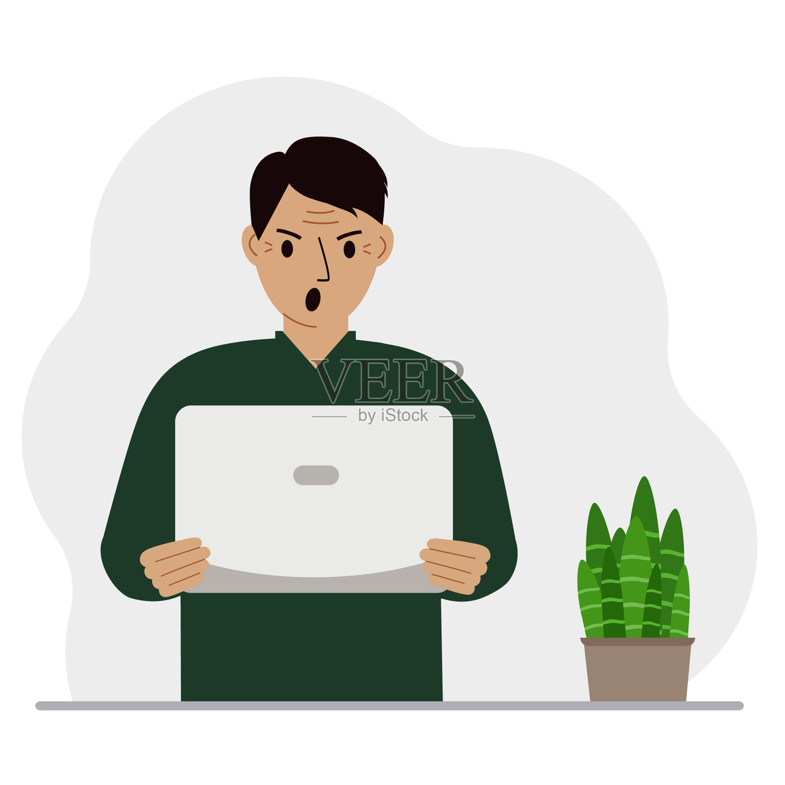 一名男子正手持或使用笔记本电脑。笔记本电脑技术概念。插画图片素材