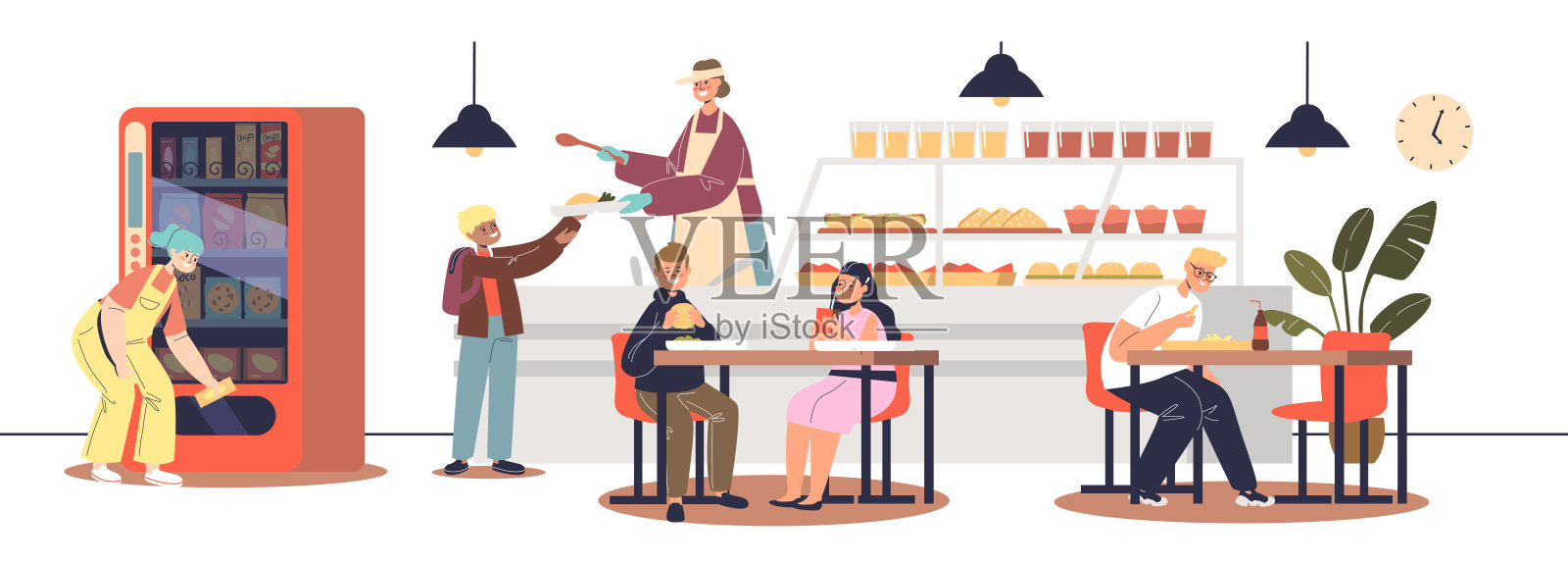 学校自助餐厅，学生购买食物，下课后坐在食堂的桌子插画图片素材