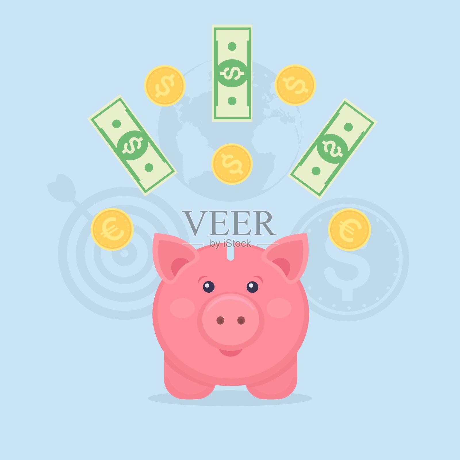 储蓄罐里装着金币，现金孤立在背景上。节约资金，投资货币。矢量平面设计插画图片素材