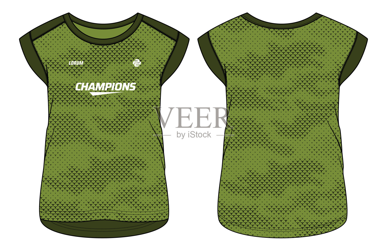 女装帽袖t恤设计时尚插画，迷彩图案t恤平写生女童和女排运动衫，足球，羽毛球，足球和无挡板球，运动服套装插画图片素材