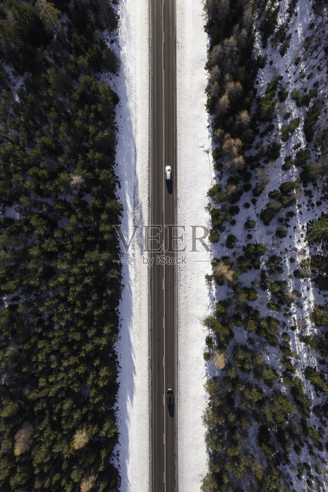 冬天，公路上穿过森林的汽车照片摄影图片