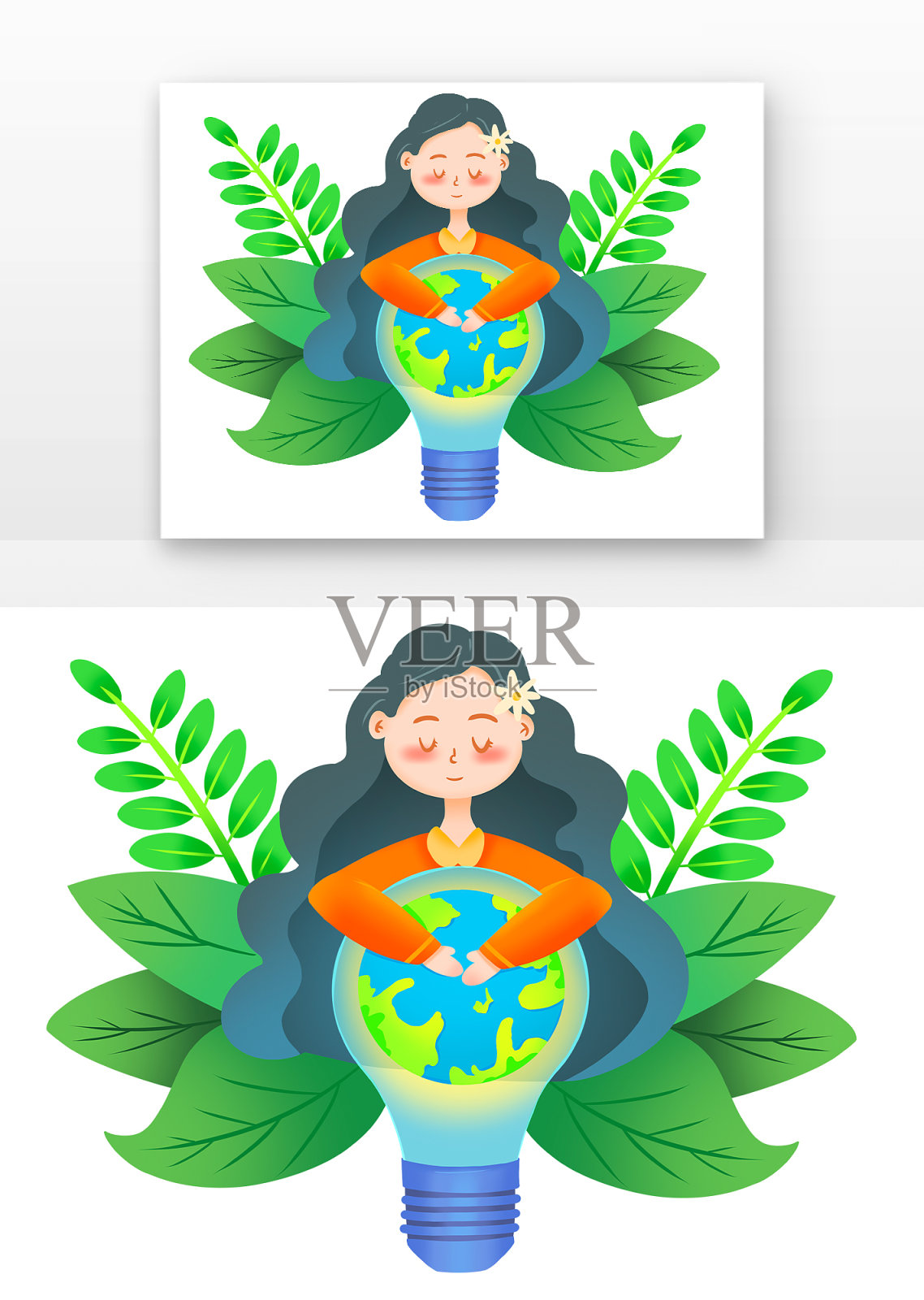 地球一小时灯泡长发女孩环保绿植设计元素图片
