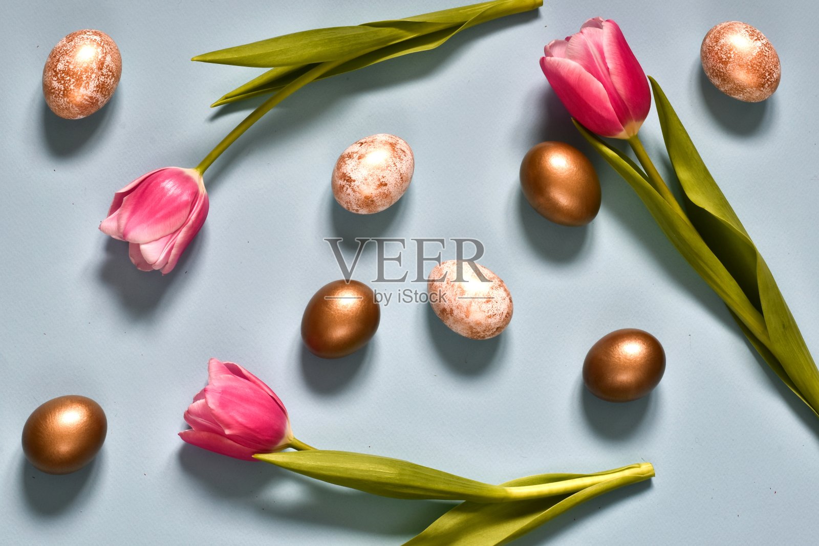 复活节组成。粉红色郁金香和复活节彩蛋在蓝色的背景照片摄影图片