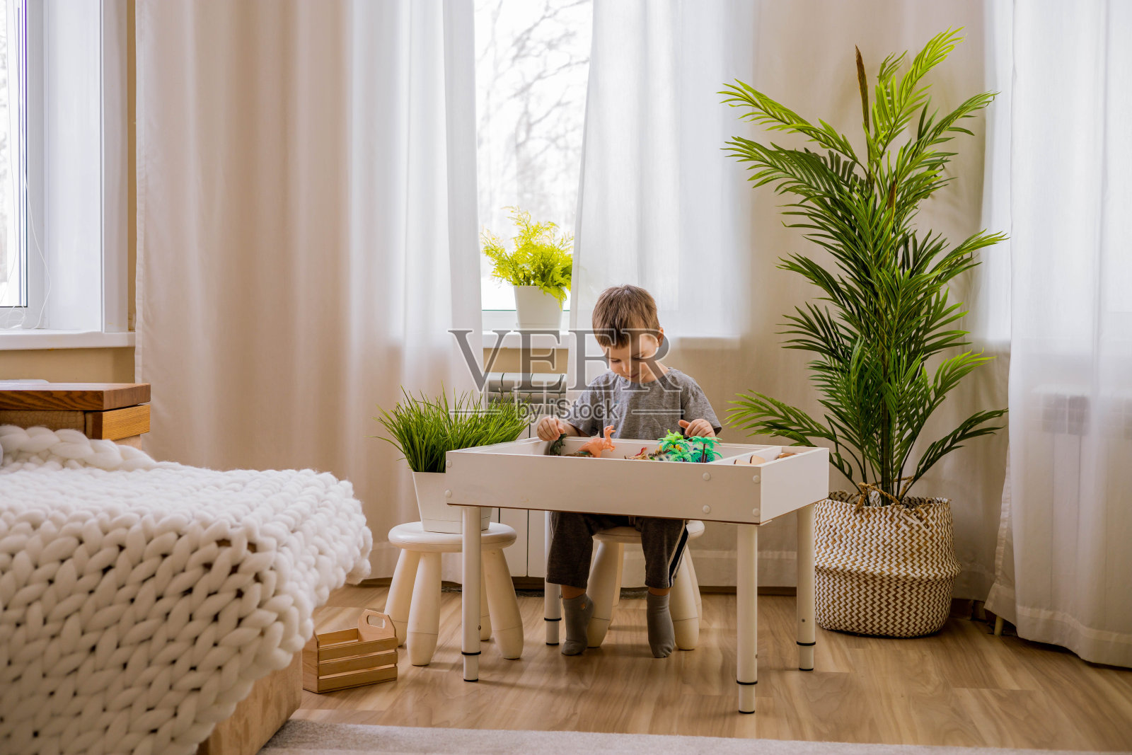 可爱的男孩在舒适的家客厅里玩感官盒恐龙世界照片摄影图片