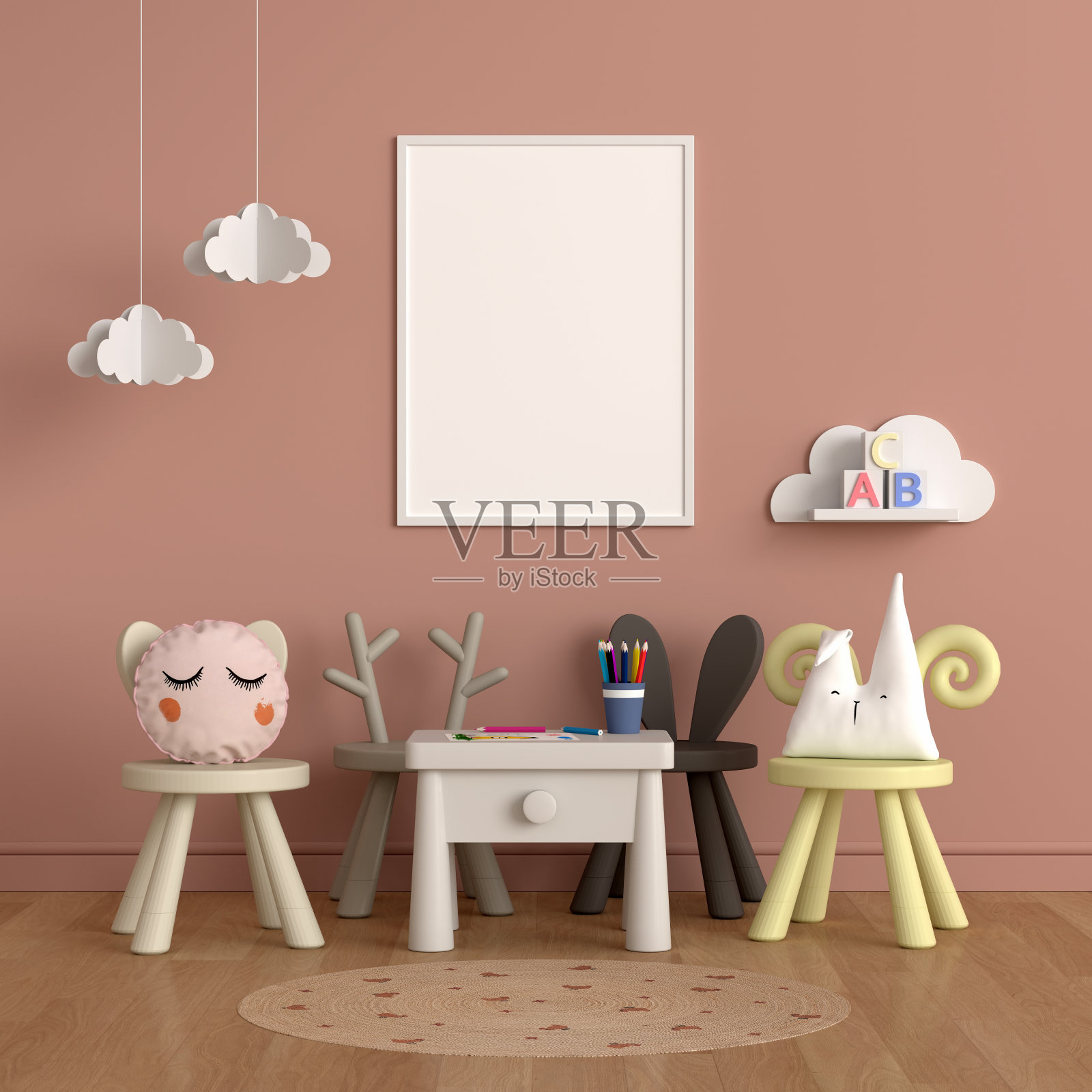 空白相框在儿童房模型，3D渲染照片摄影图片