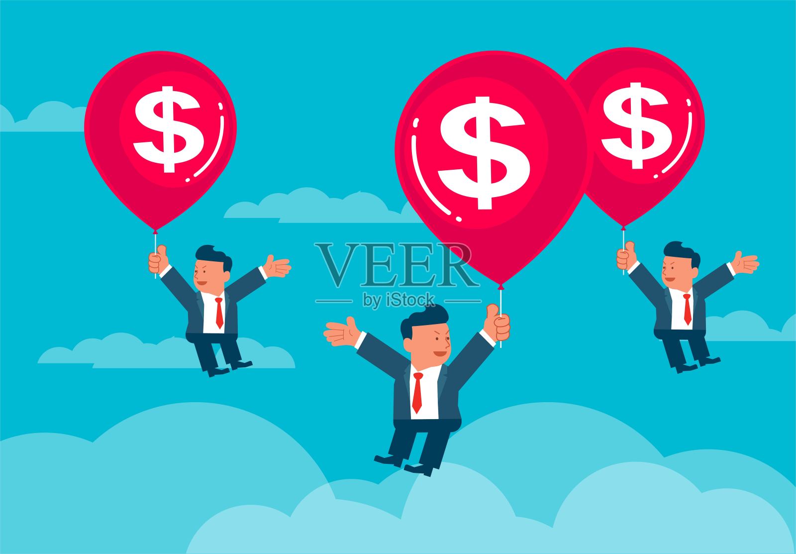 三个商人拉着印着美元的气球飞向空中，越飞越高。插画图片素材