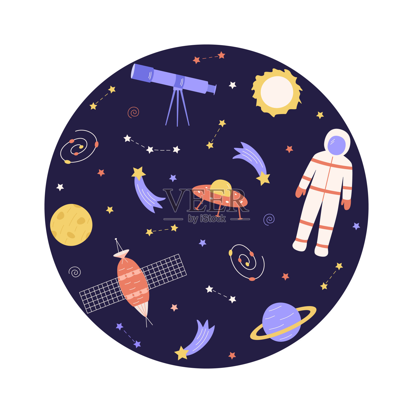 宇宙涂鸦是一套矢量插图。太空元素的图标火箭宇航员恒星卫星望远镜彗星。插画图片素材