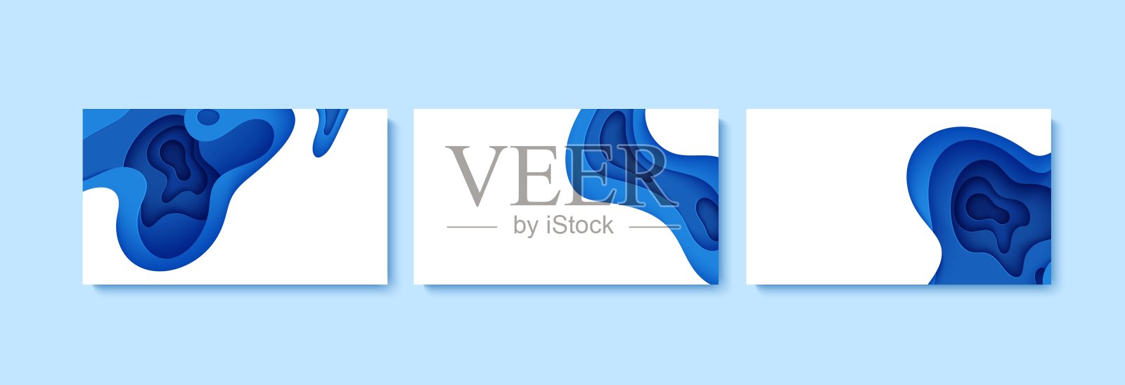 剪纸风格的抽象背景集。3d壁纸与削减深波现代封面。蓝色图层与平滑阴影剪纸艺术。矢量插图，折纸几何形状插画图片素材