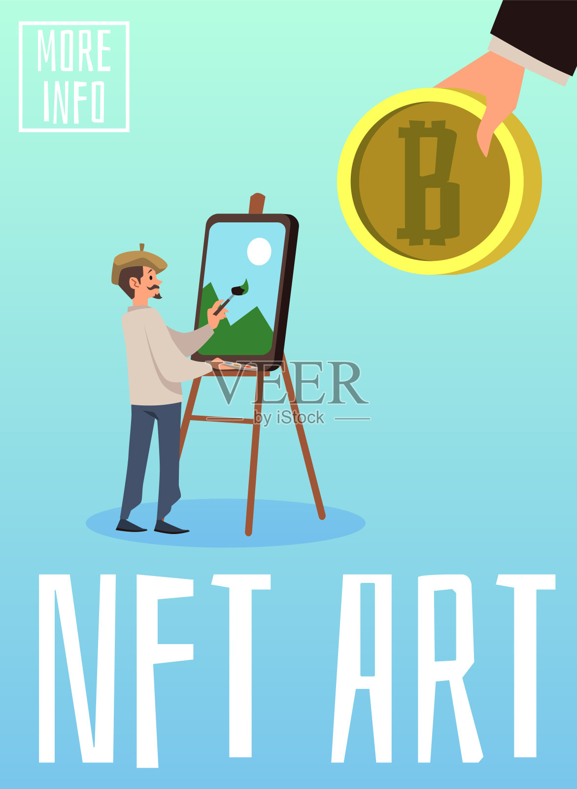 人与画架和人的手与比特币，矢量平面插图孤立在蓝色背景插画图片素材