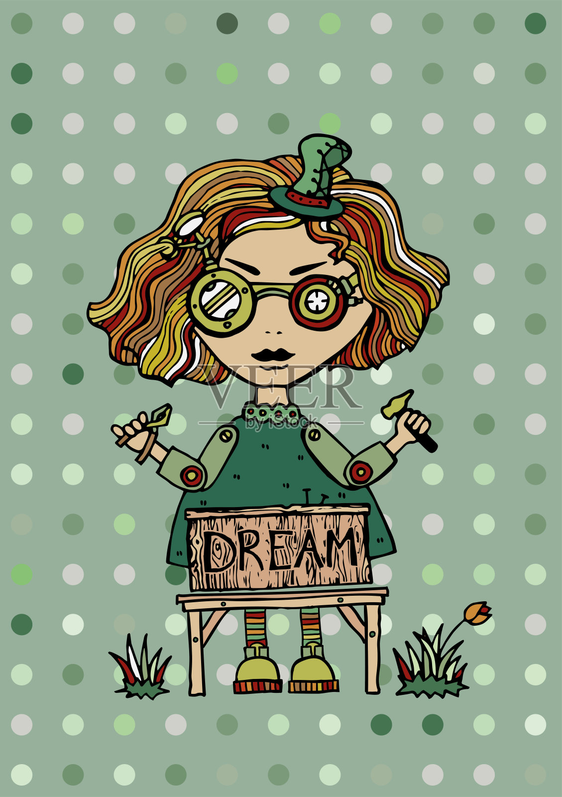 可爱的蒸汽朋克女孩，木头大师插画图片素材