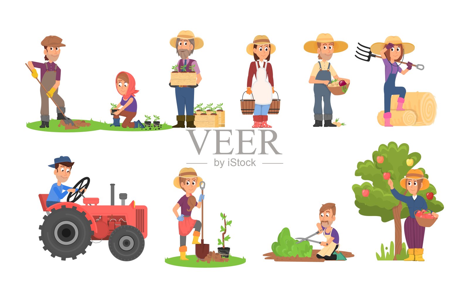 农业的农民。人们务农，农民收割和园艺。当地市场的卡通主人，农场工人。园丁体面的向量角色插画图片素材