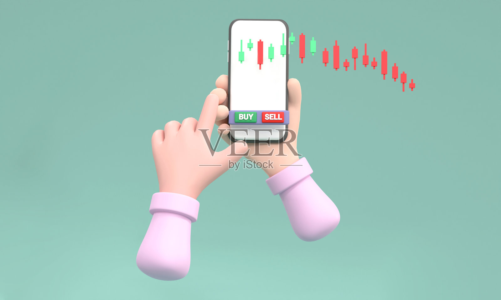 股票市场的商业景象。按智能手机上的绿色购买按钮。货币和世界经济概念。照片摄影图片