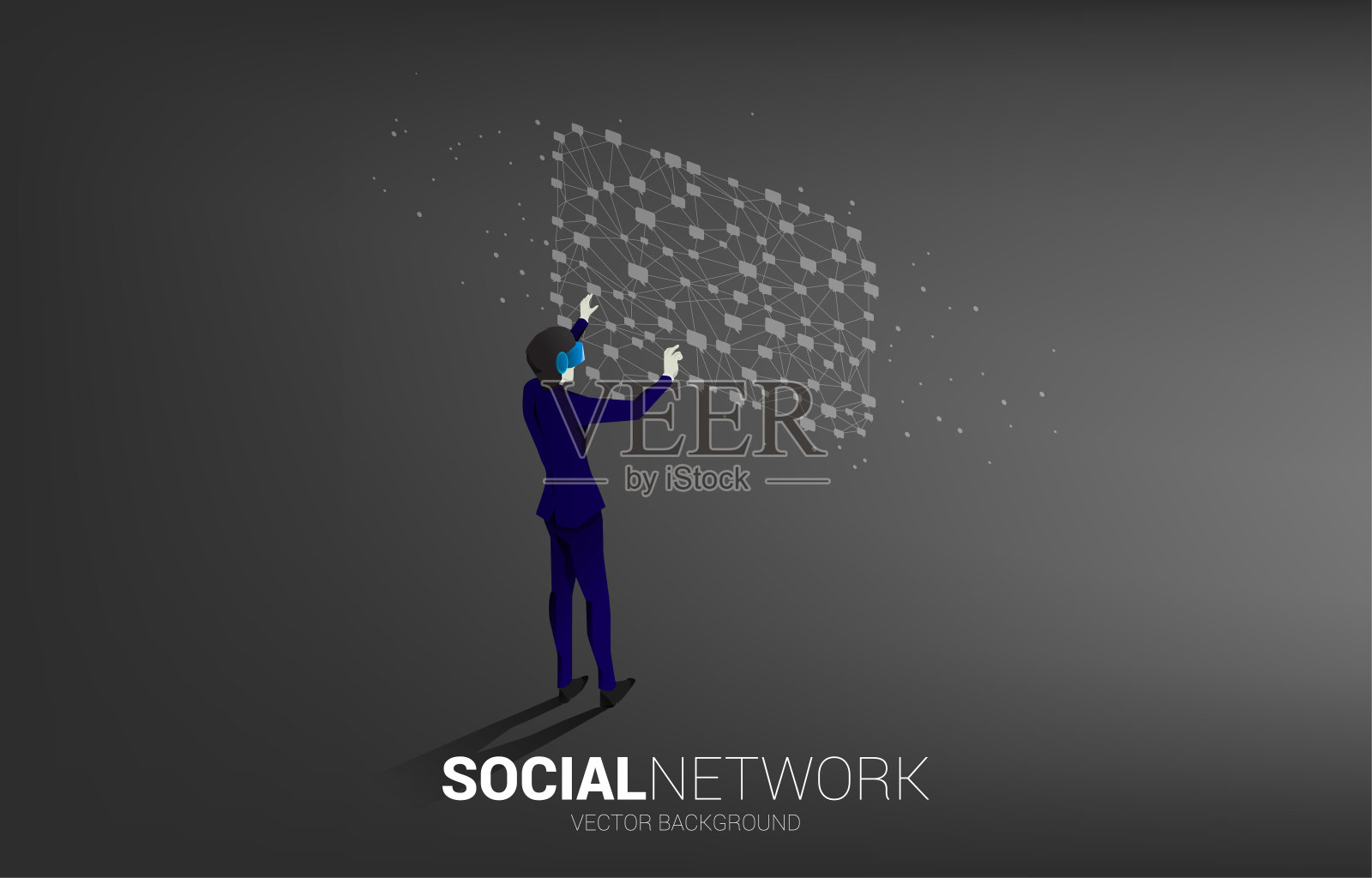 剪影商人戴着带有点线连接的对话泡泡图标的VR眼镜。数字虚拟现实技术与增强现实的概念。插画图片素材