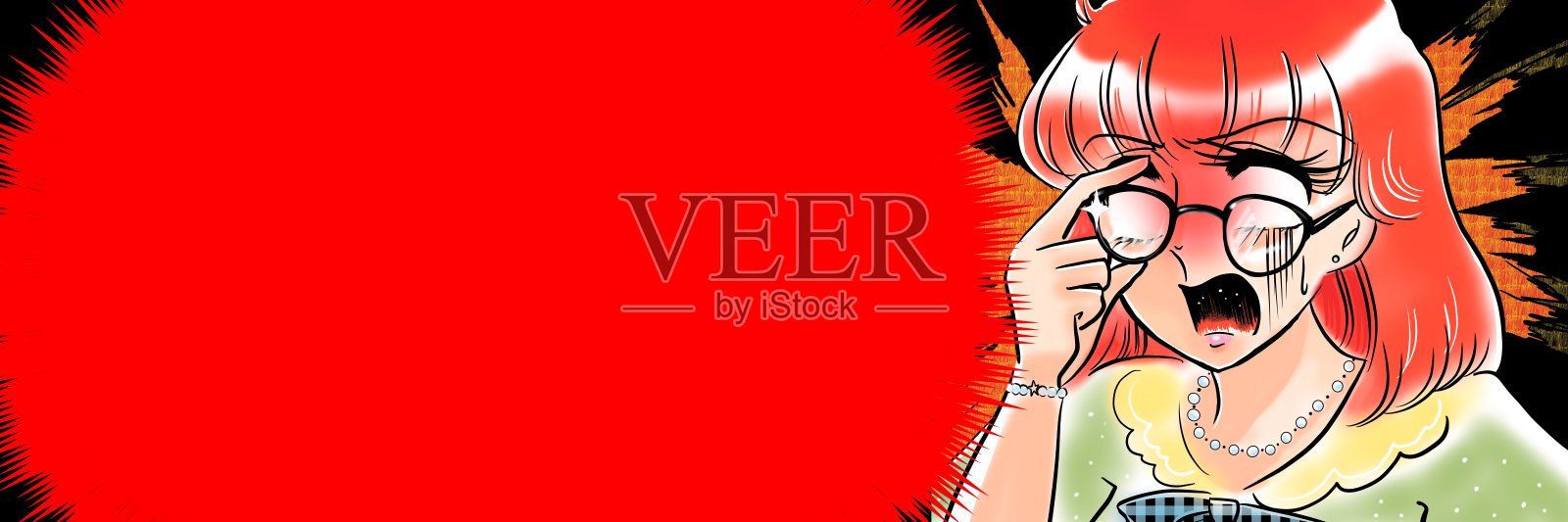 一幅70年代少女漫画风格的插图，画的是一个戴着眼镜的女权主义女性对某人生气插画图片素材