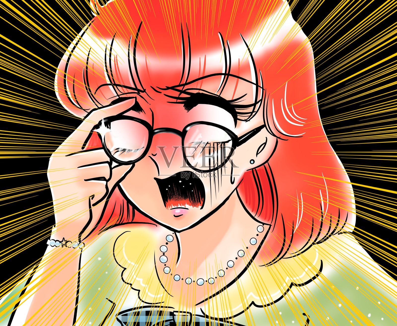 一幅70年代少女漫画风格的插图，画的是一个戴着眼镜的女权主义女性对某人生气插画图片素材