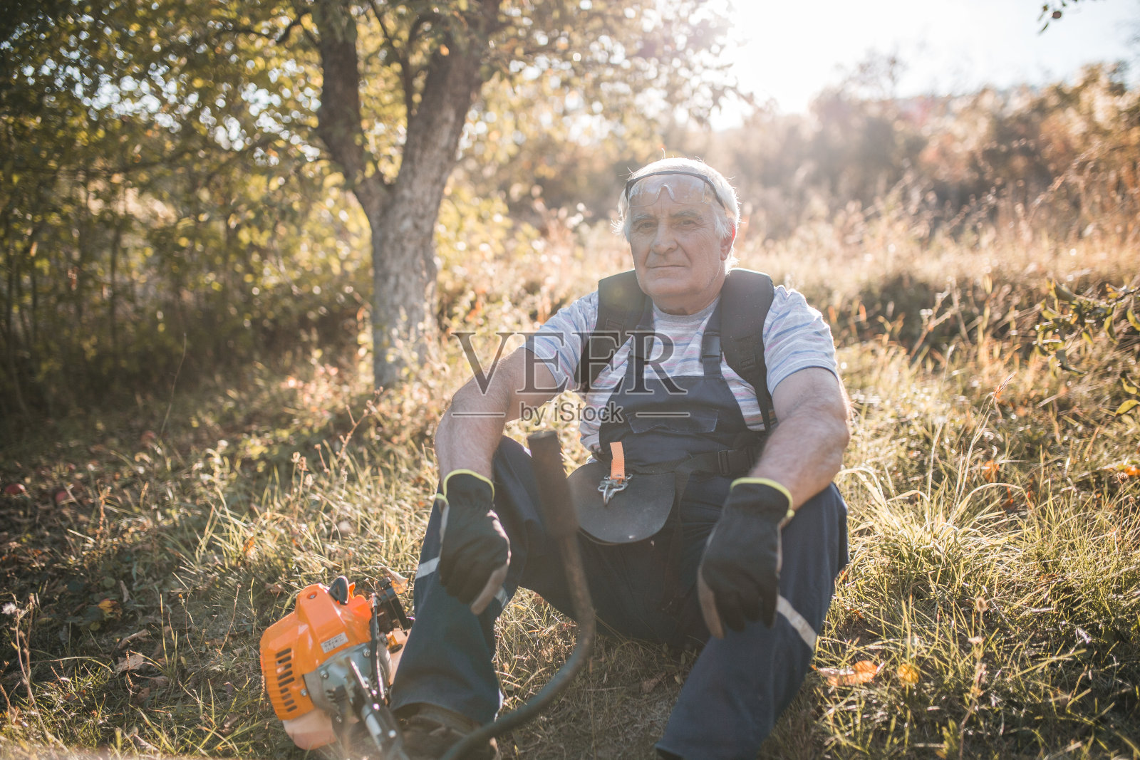 一位年长的退休人员正坐在院子里的草地上照片摄影图片