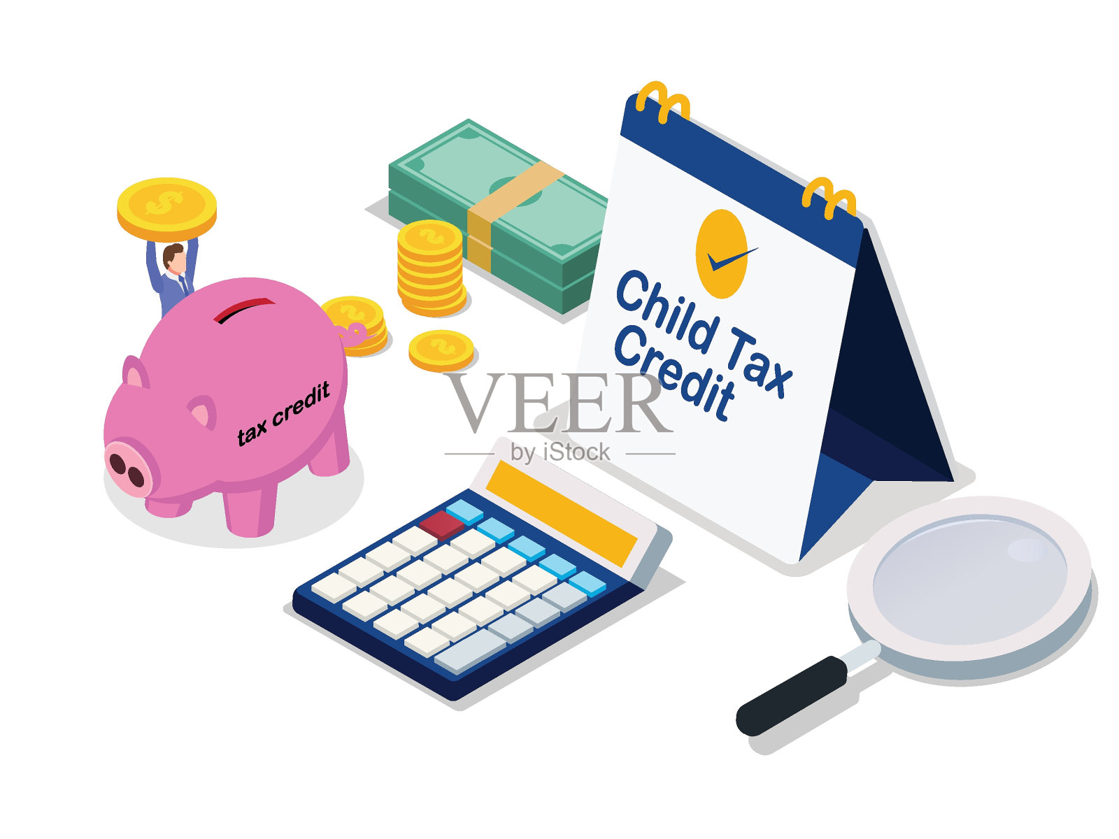 男人省钱近儿童税收抵免文本插画图片素材