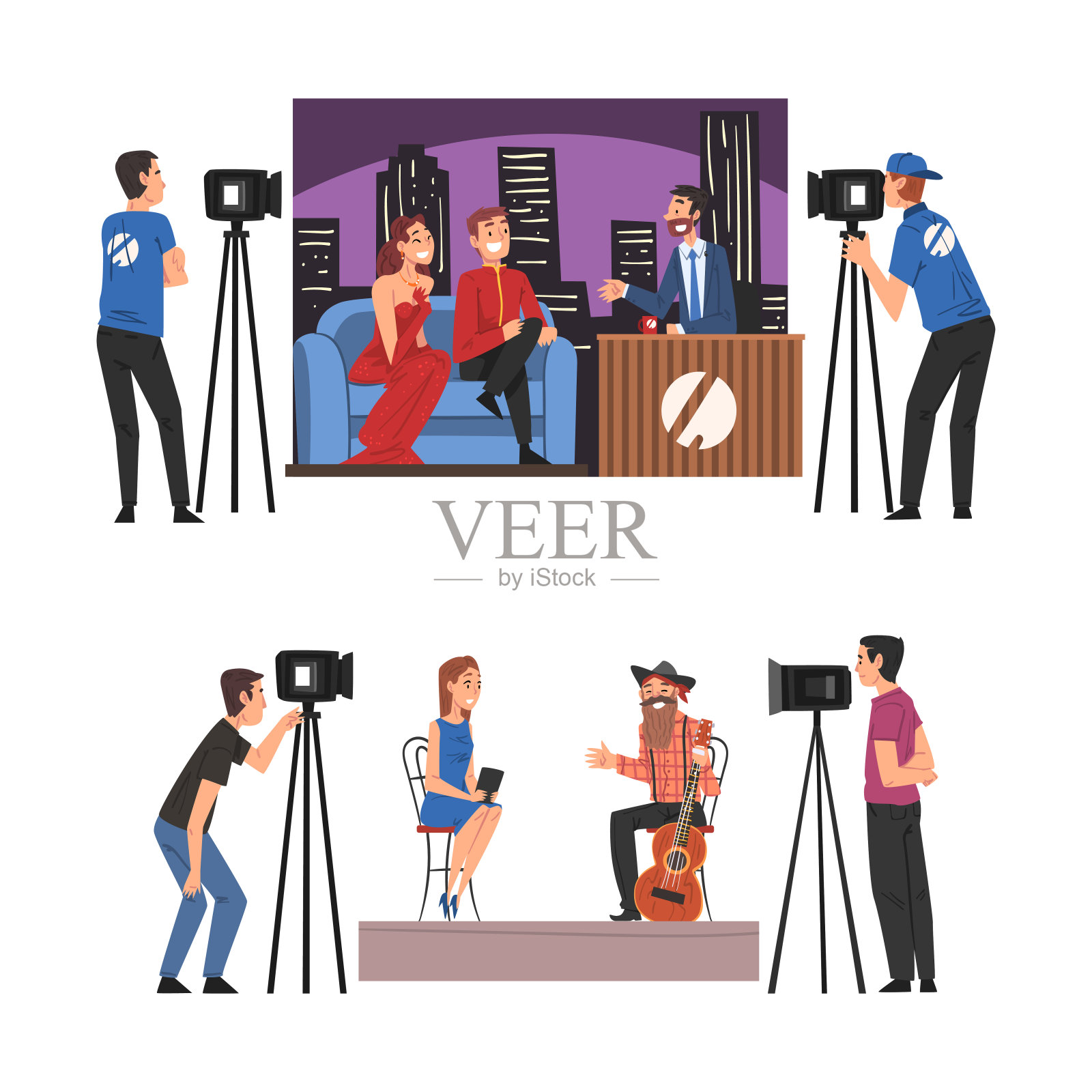 谈话节目，电视主持人访谈名人在工作室卡通矢量插图插画图片素材