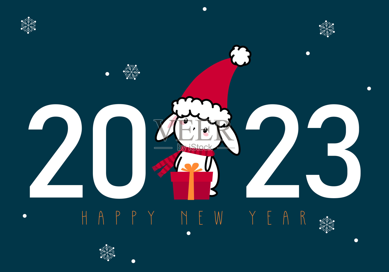 戴着圣诞老人帽子的兔子。中国的2023年。兔年春节符号矢量插图。新年快乐。2023年日历插画图片素材