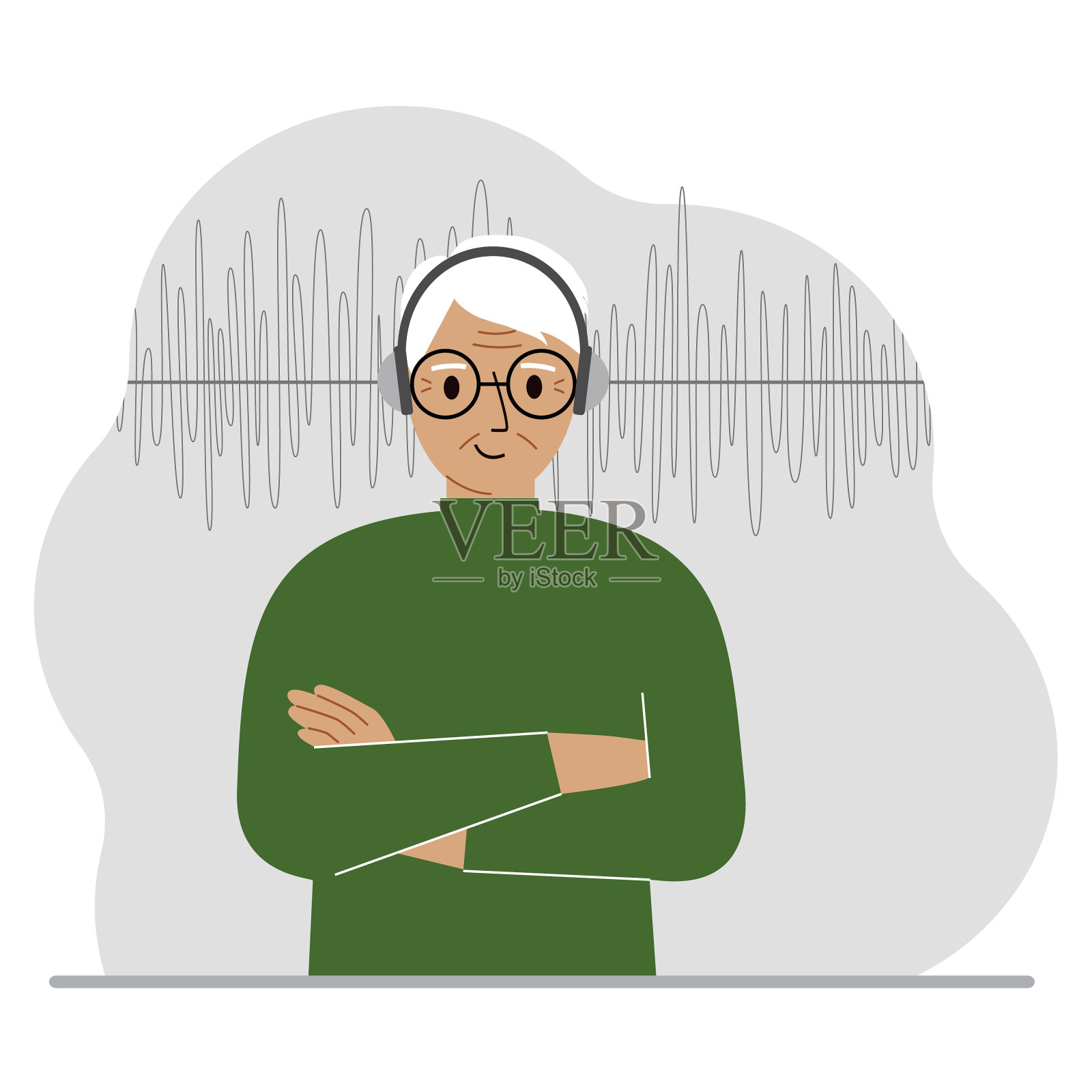 戴着耳机，带着音轨的老头。在线播客、广播、在线书籍、在线学习和在线音乐的概念。插画图片素材