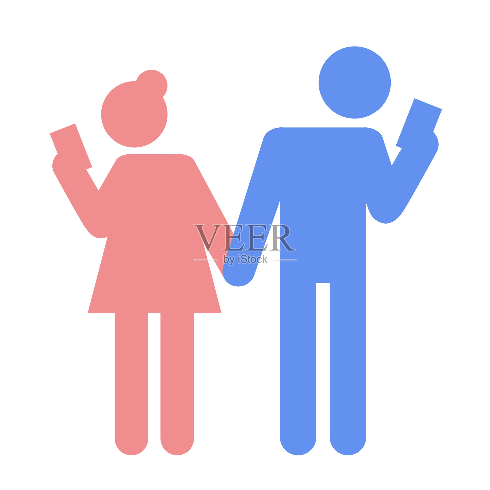 图标两个人站起来，看着手机。这对夫妇手牵着手。平面矢量插图的动画。插画图片素材