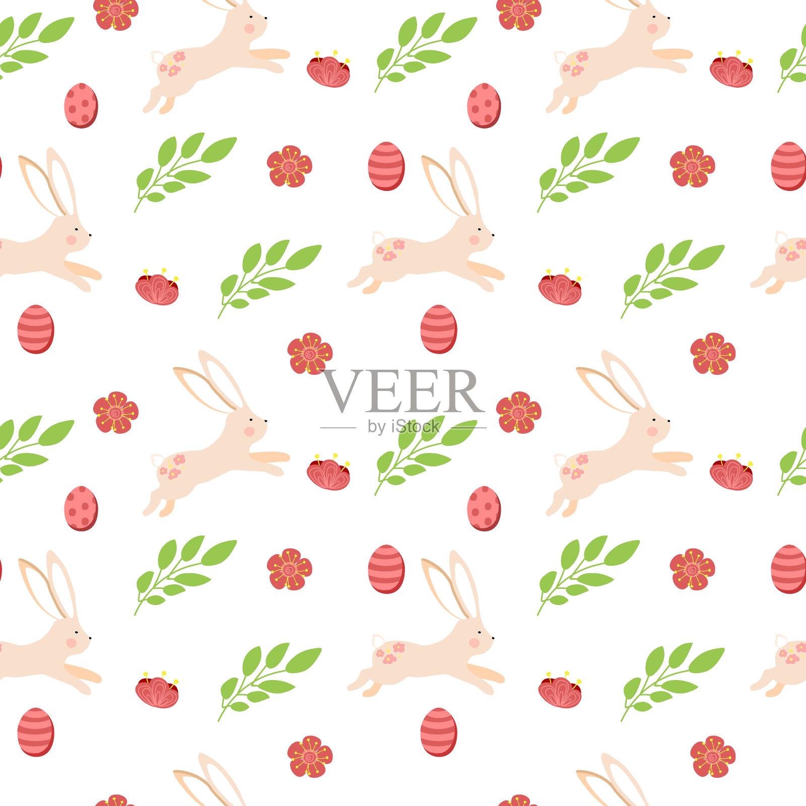 无缝图案的复活节兔子和色彩鲜艳的鸡蛋，手绘元素。兔子跳。不同图案的鸡蛋。复活节。春天。矢量卡通风格。插画图片素材