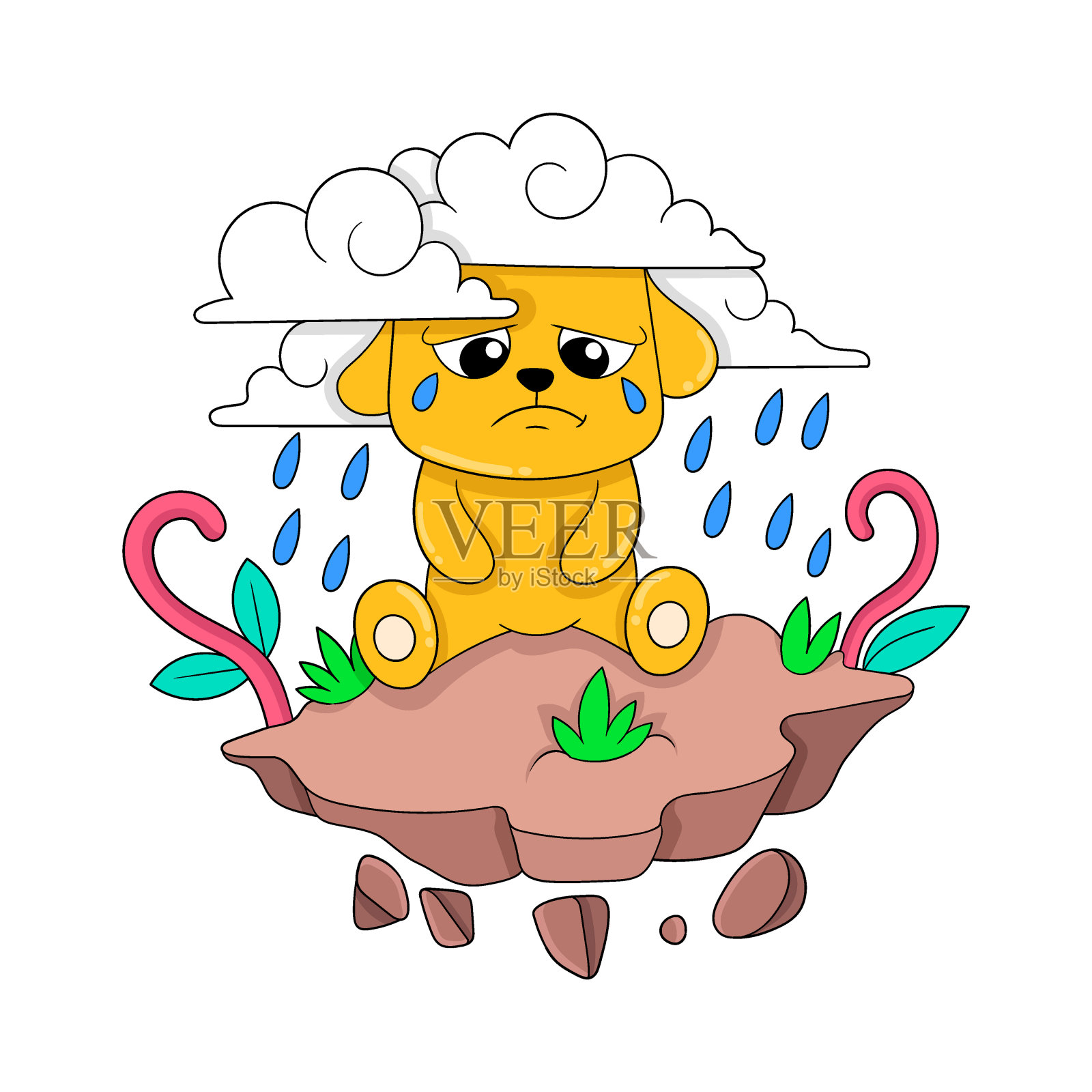 愁眉苦脸的小狗在大雨中哭泣，涂鸦图标形象可爱插画图片素材