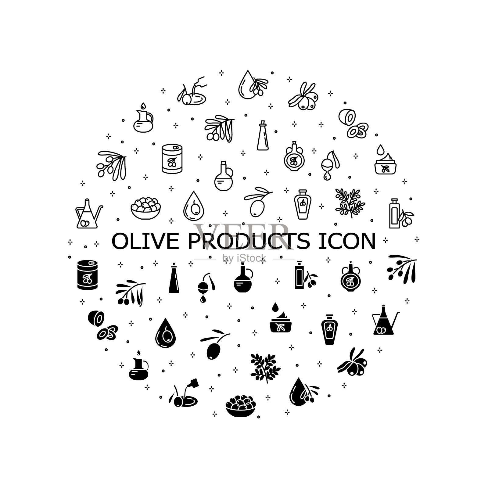 橄榄产品平线图标设置。新鲜的树胎和橄榄油装在瓶子和罐子里。简单的平面矢量插图网站或移动应用程序图标素材