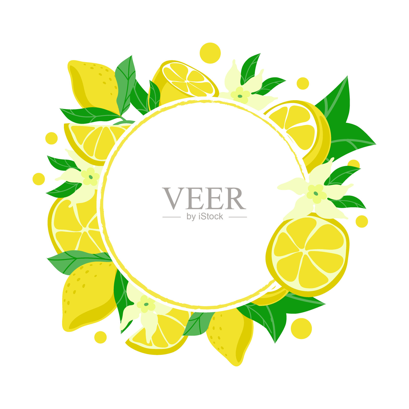 用成熟的黄色柠檬装饰的节日花环，手绘。孤立在一个白色的背景。海报样本，聚会邀请，节日横幅，明信片。矢量特写卡通插图。插画图片素材