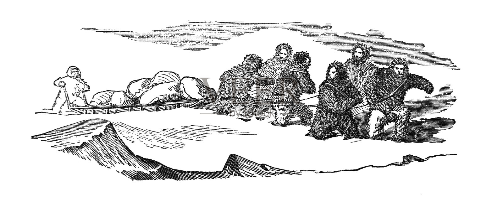 古董插图-男人拉着雪橇，装满了雪上的补给插画图片素材