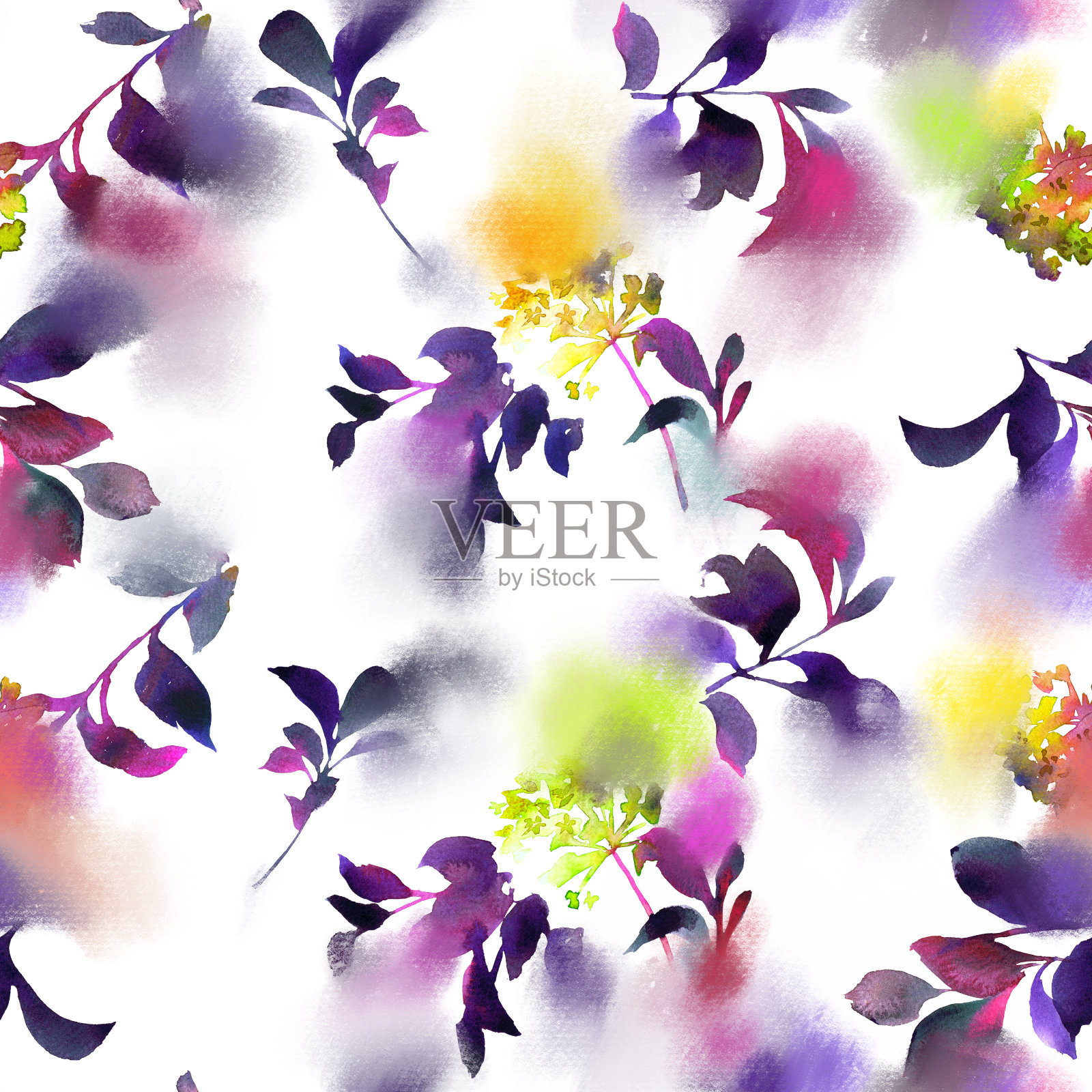 抽象模糊花无缝图案。草地春季鲜花。模糊的水彩画纹理。优雅的女性自然主题。时髦的植物设计。插画图片素材